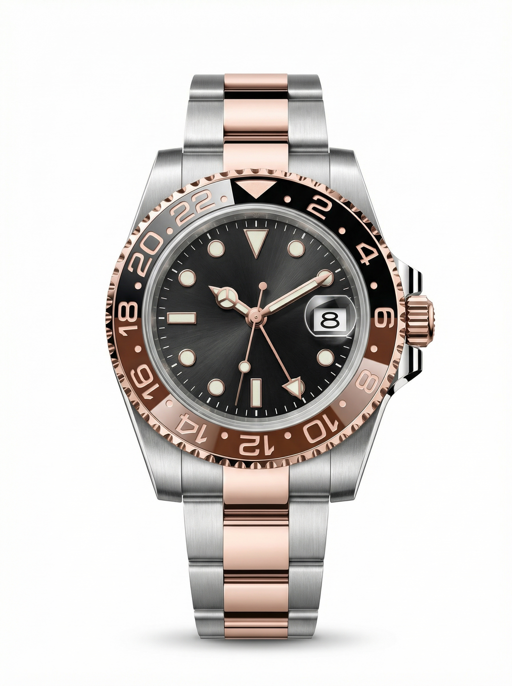 GMT Mod – Two-Tone Rose Gold · Brown-Black Bezel – 40mm – Automatic GMT