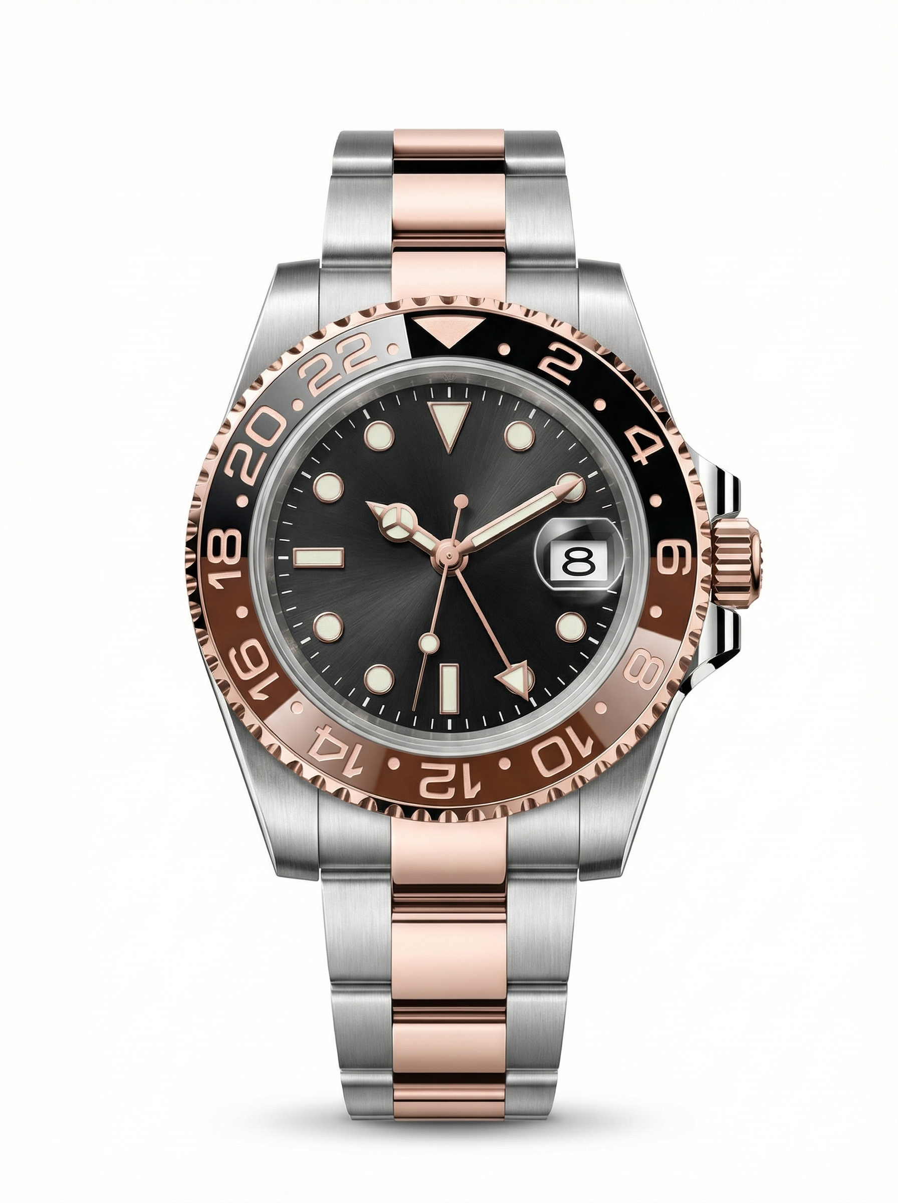 GMT Mod – Two-Tone Rose Gold · Brown-Black Bezel – 40mm – Automatic GMT
