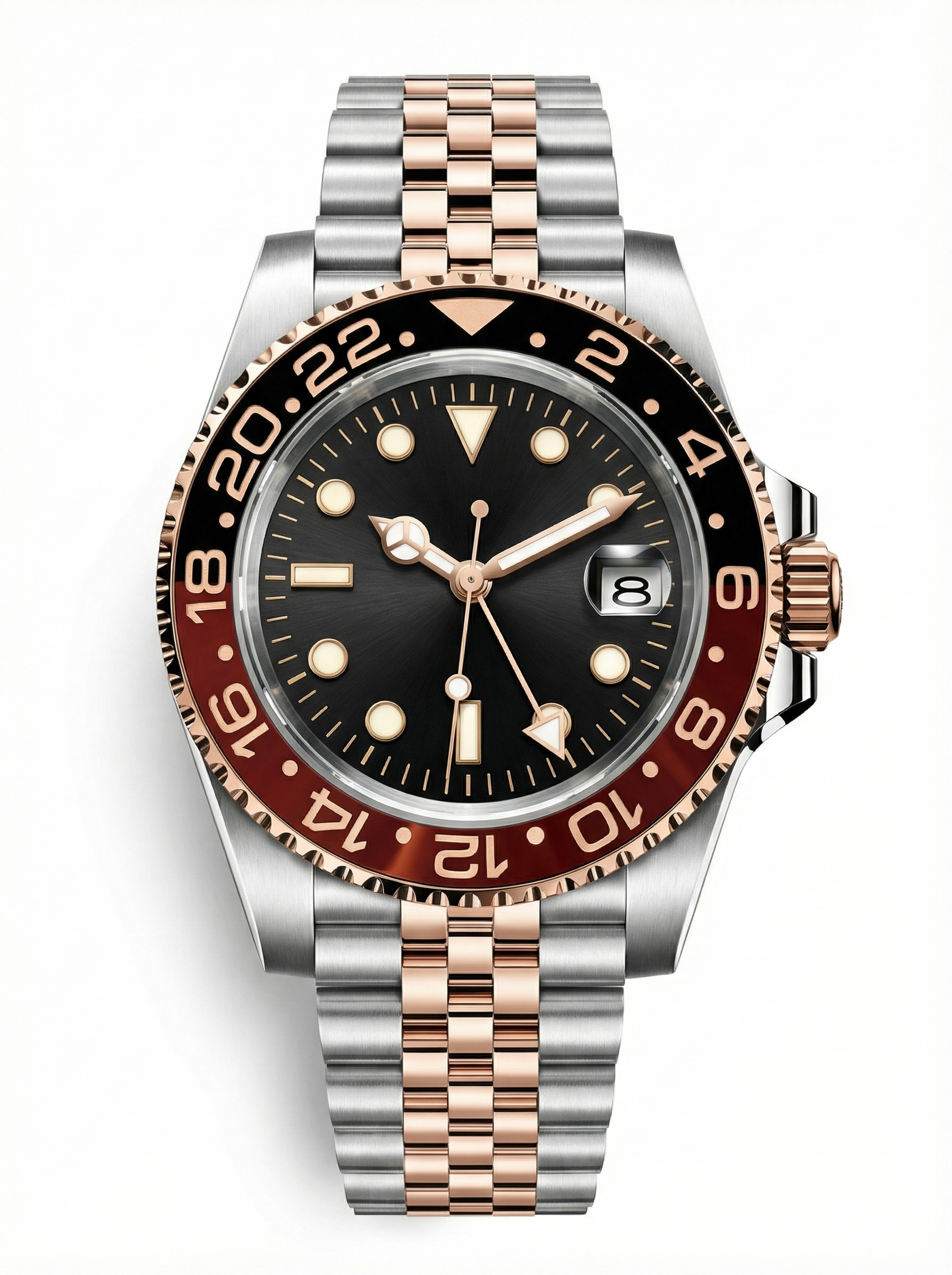 GMT Mod – Two-Tone Rose Gold · Red-Black Bezel – 40mm – Automatic GMT