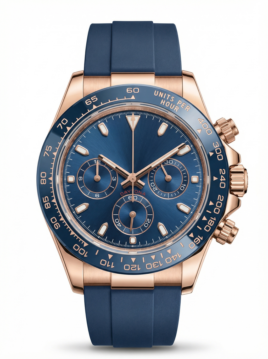 Tona Mod – Rose Gold · Blue Dial · Rubber – 40mm – Chronograph