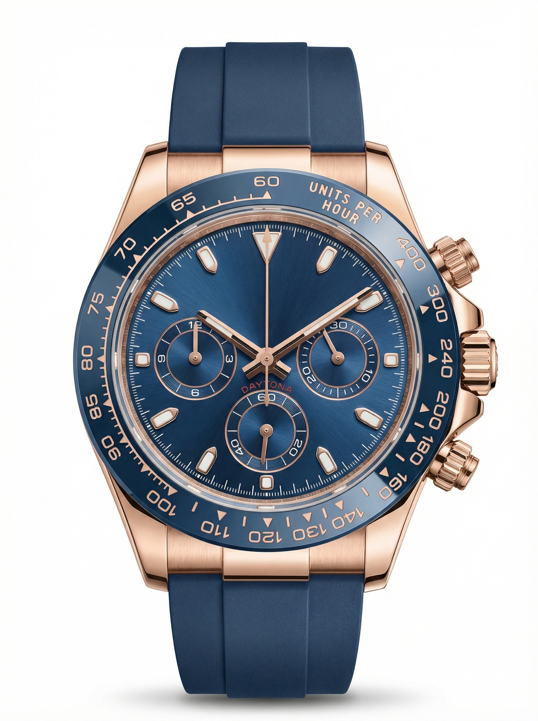 Tona Mod – Rose Gold · Blue Dial · Rubber – 40mm – Chronograph