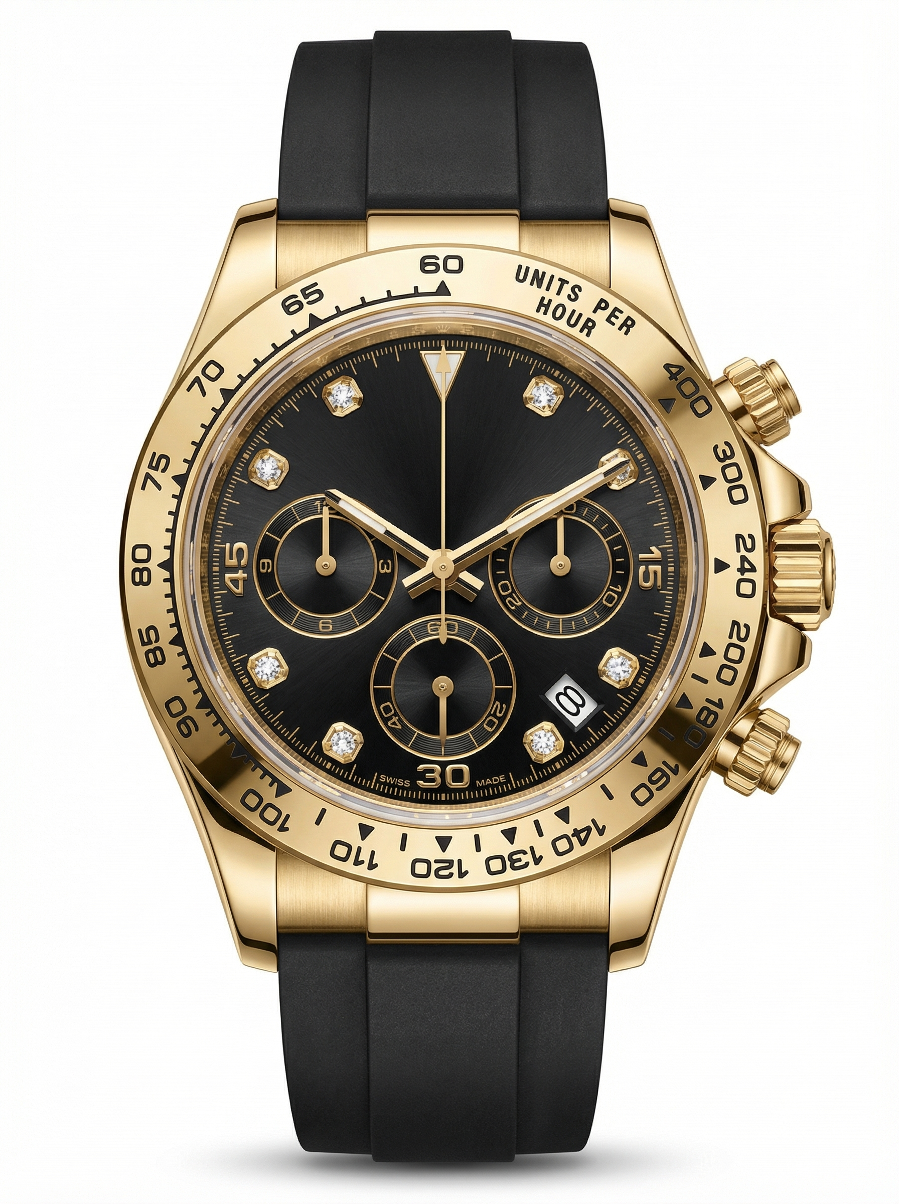 Tona Mod – Gold · Black Diamond Dial · Rubber – 40mm – Chronograph