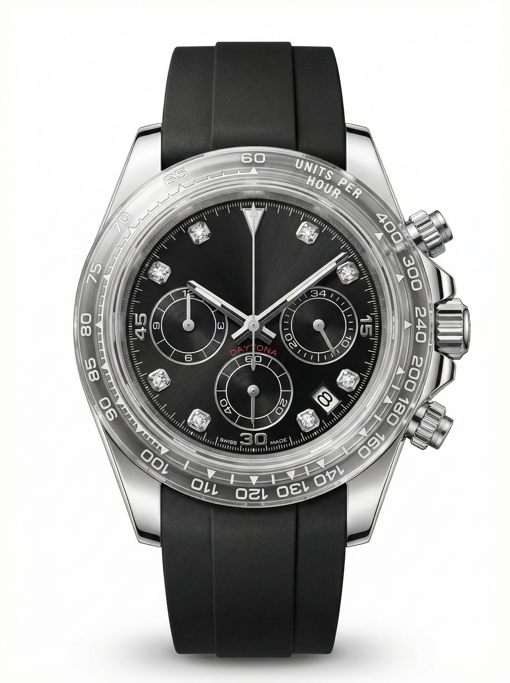 Tona Mod – Steel · Black Diamond Dial · Rubber – 40mm – Chronograph