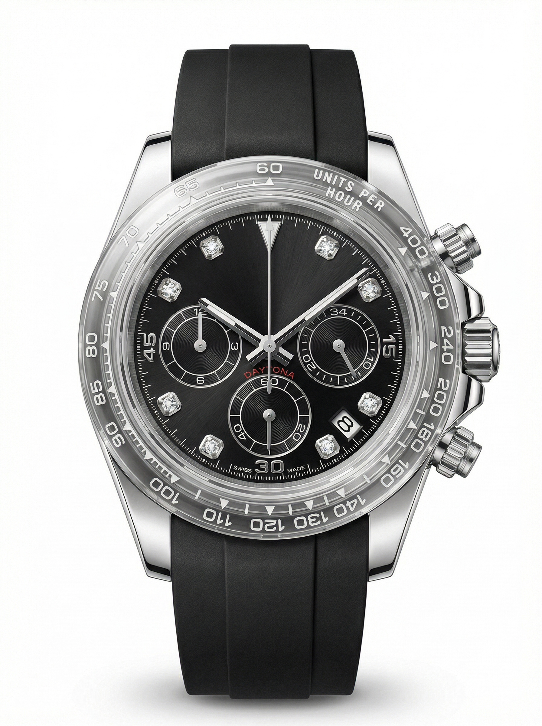 Tona Mod – Steel · Black Diamond Dial · Rubber – 40mm – Chronograph
