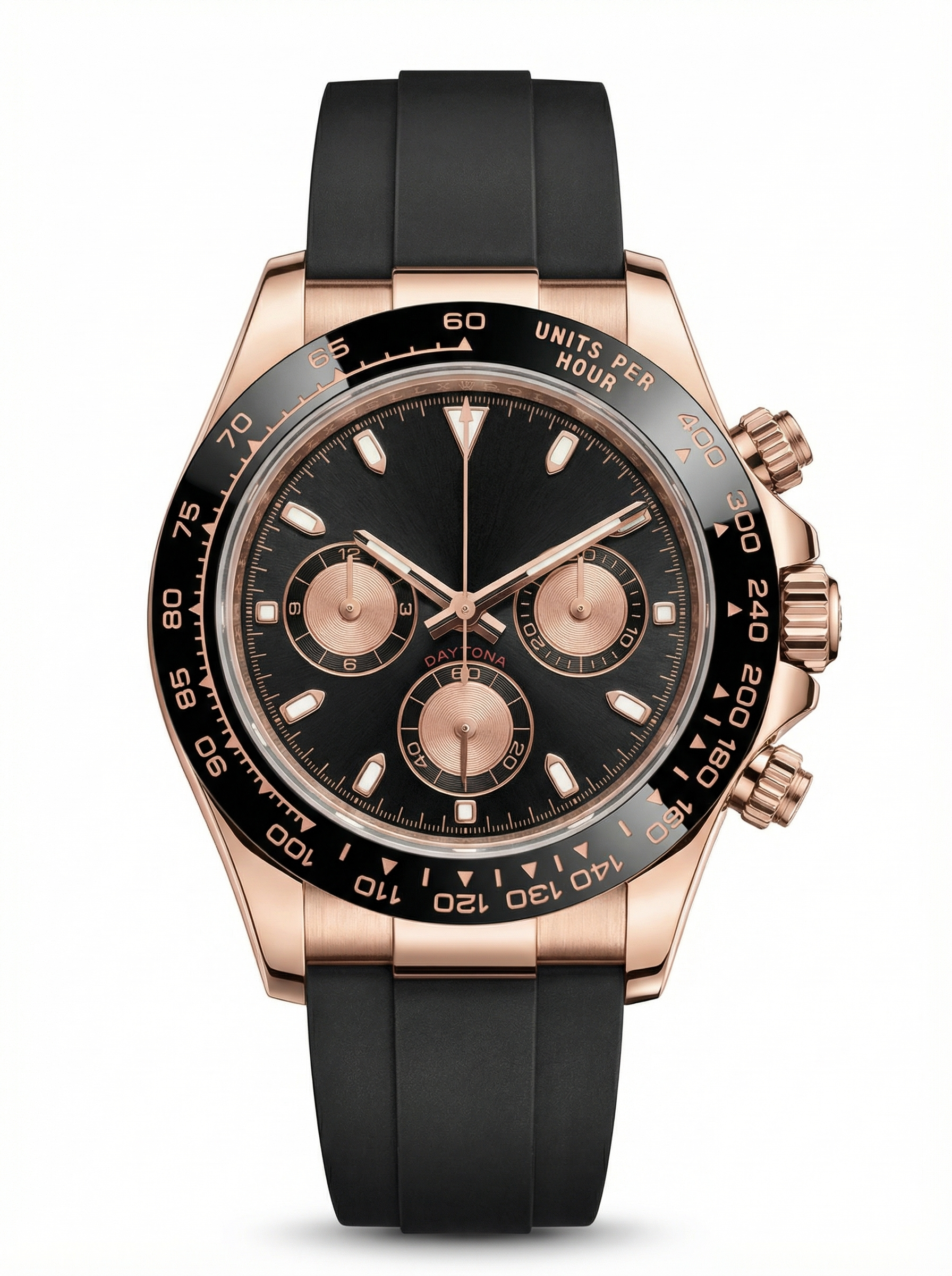 Tona Mod – Rose Gold · Black Dial · Rubber – 40mm – Chronograph