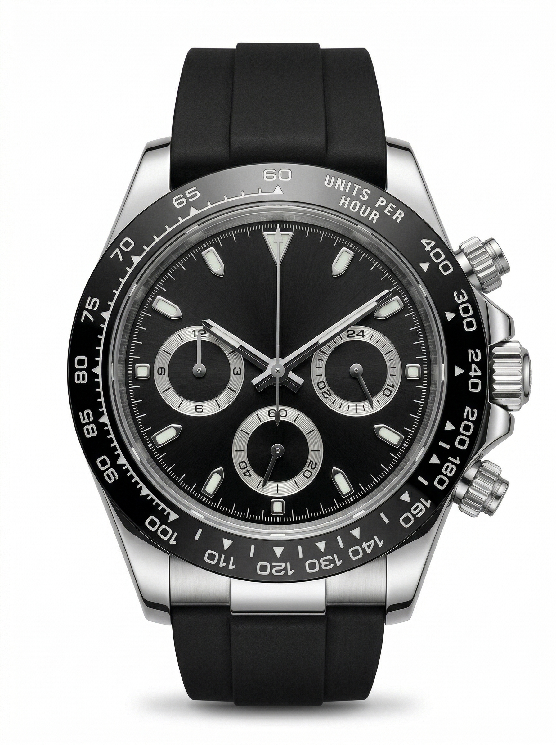 Tona Mod – Steel · Black Dial · Rubber – 40mm – Chronograph