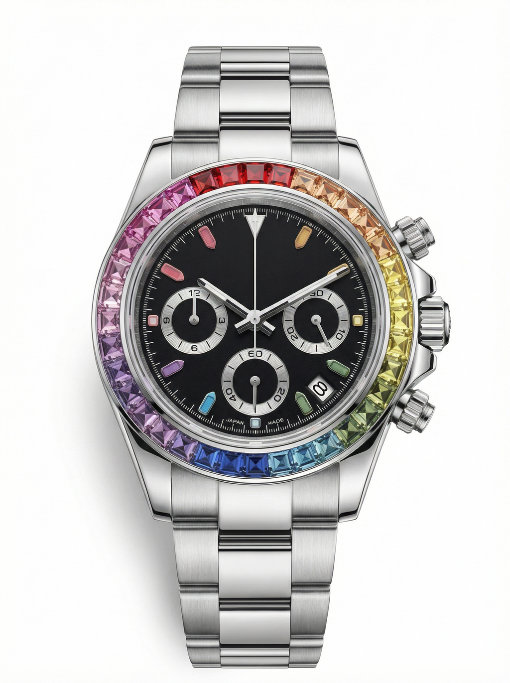 Tona Mod – Steel · Rainbow Bezel · Black Dial – 40mm – Chronograph