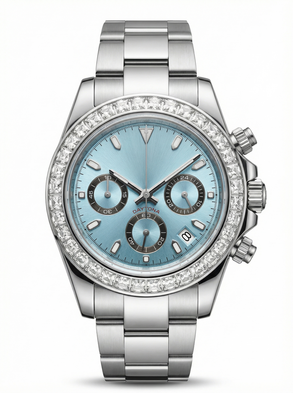 Tona Mod – Steel · Ice-Blue Dial · Diamond Bezel – 40mm – Chronograph