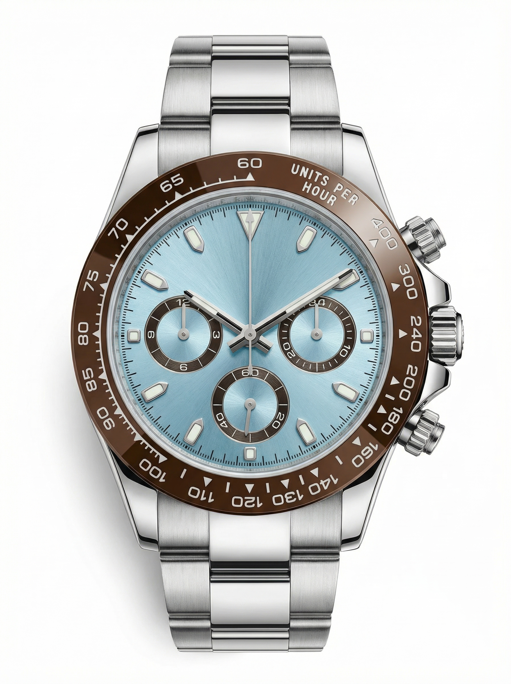 Tona Mod – Steel · Ice-Blue Brown-Bezel Dial – 40mm – Chronograph