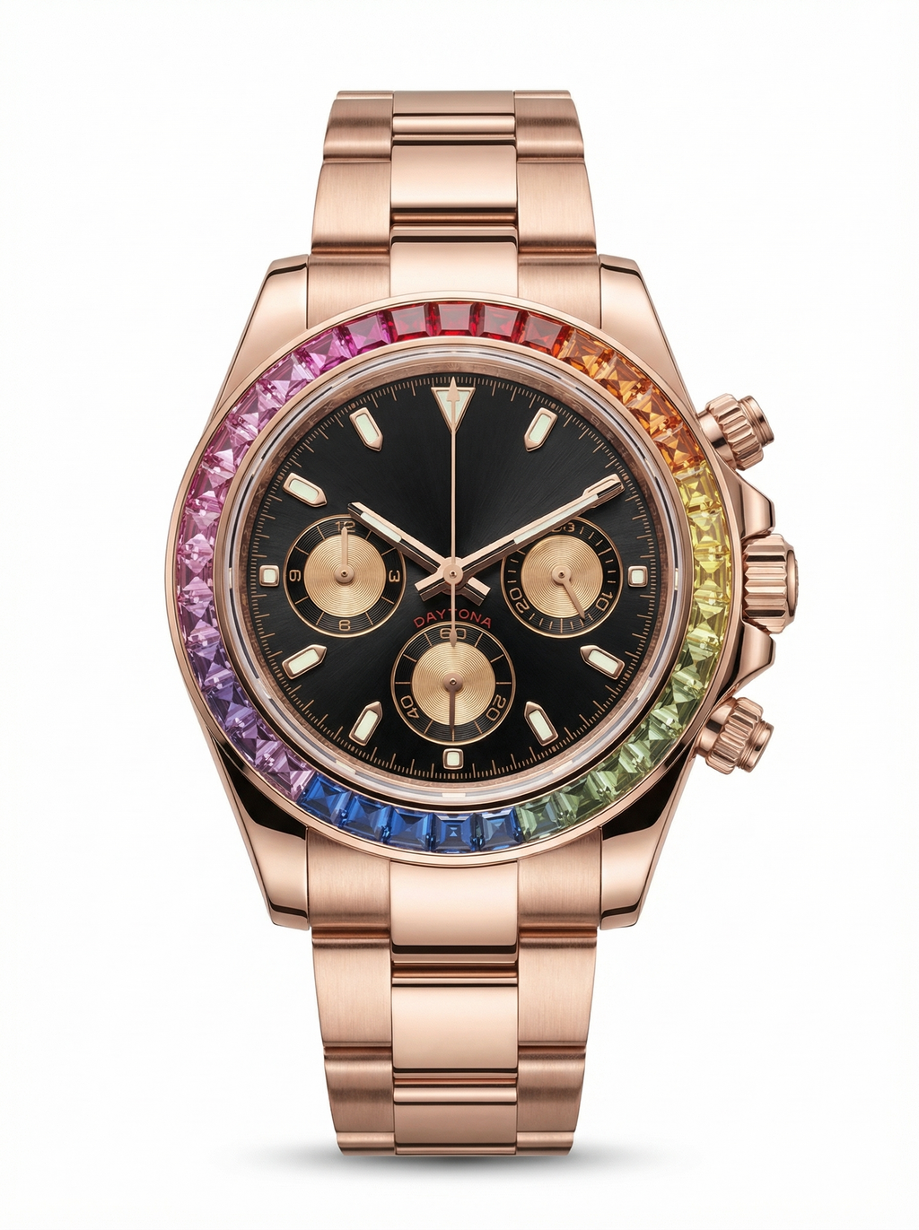 Tona Mod – Rose Gold · Rainbow Bezel · Black Gold Dial – 40mm – Chronograph