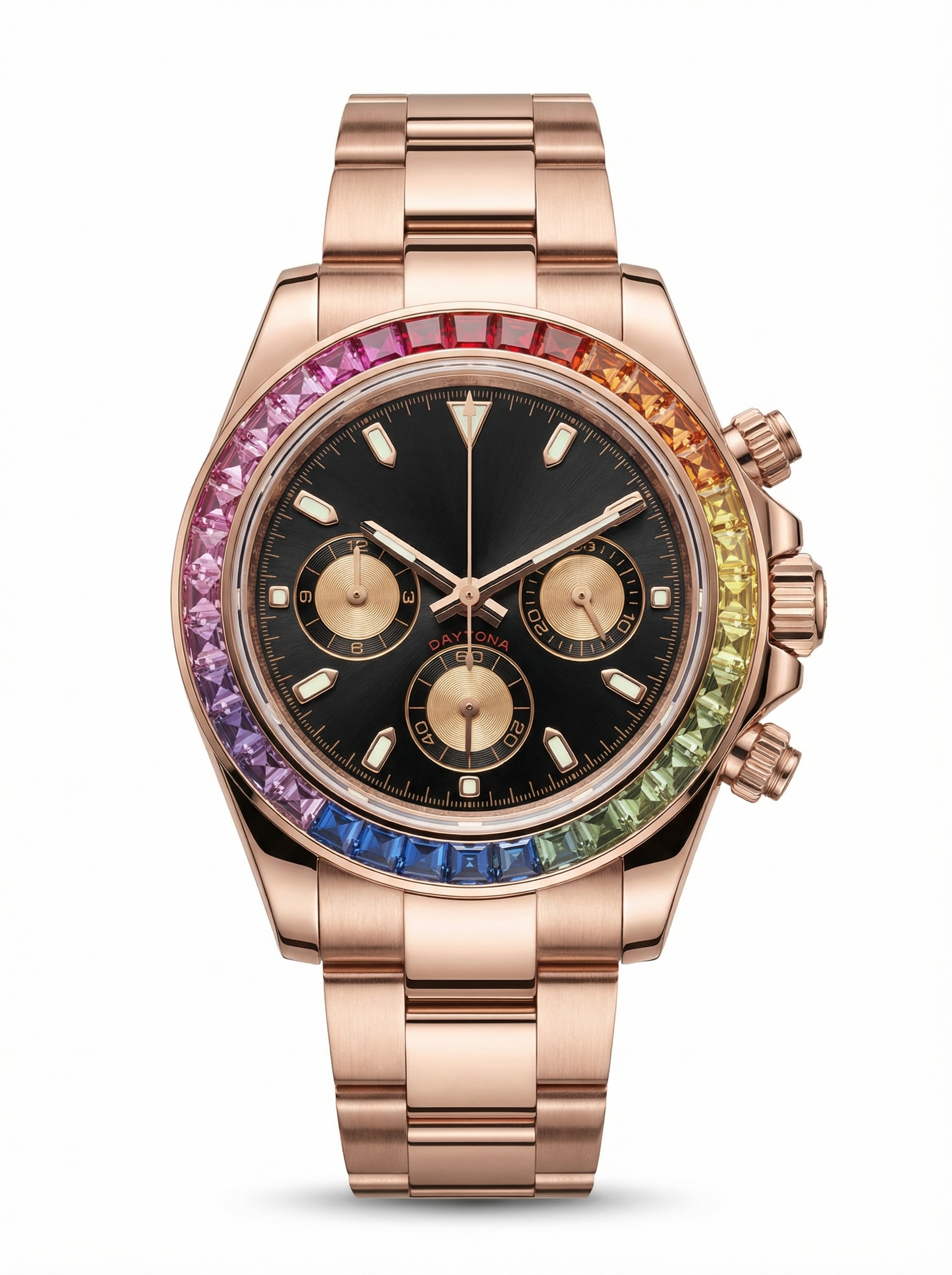 Tona Mod – Rose Gold · Rainbow Bezel · Black Gold Dial – 40mm – Chronograph