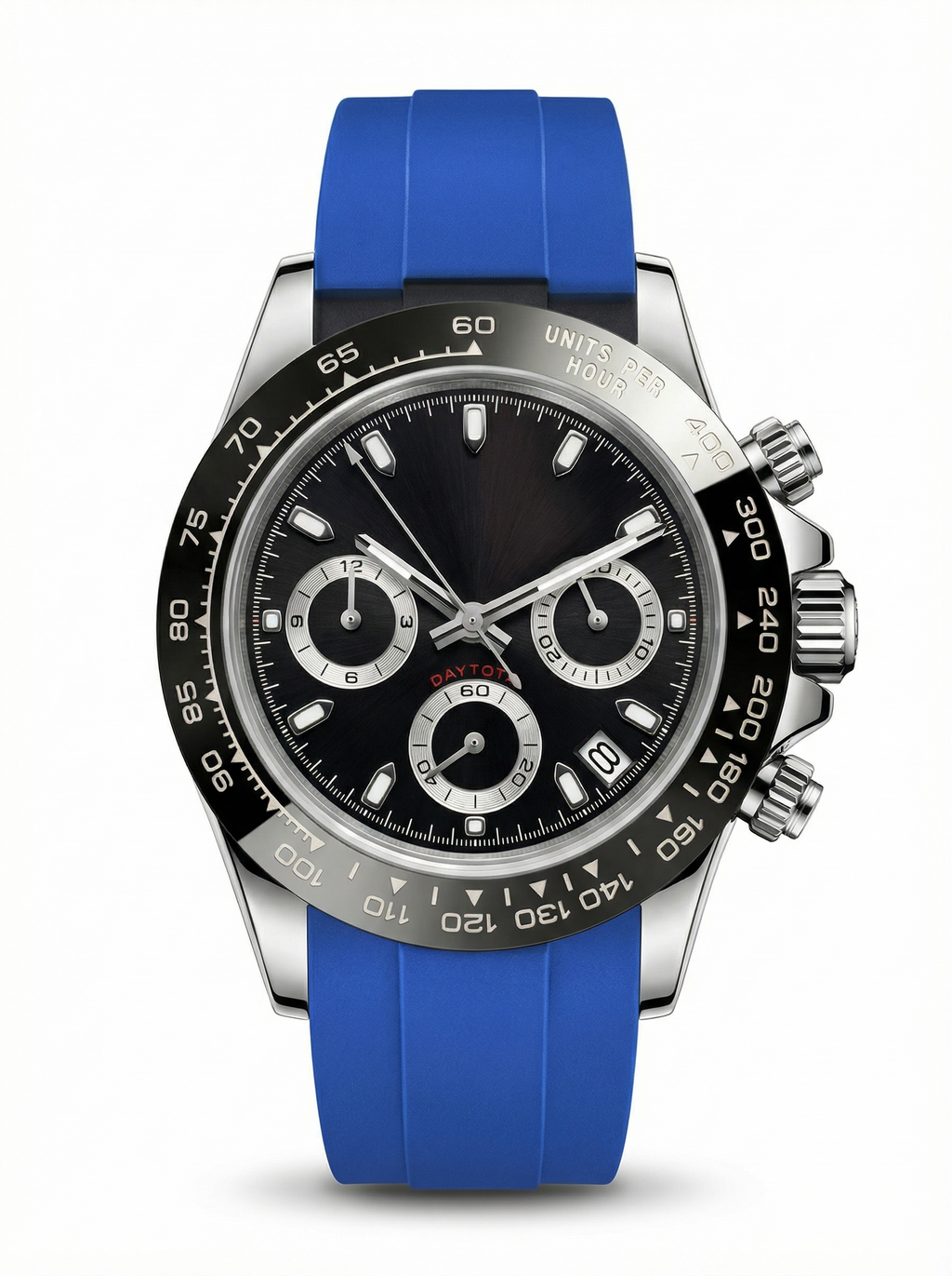 Tona Mod – Steel · Black Dial · Blue Rubber – 40mm – Chronograph