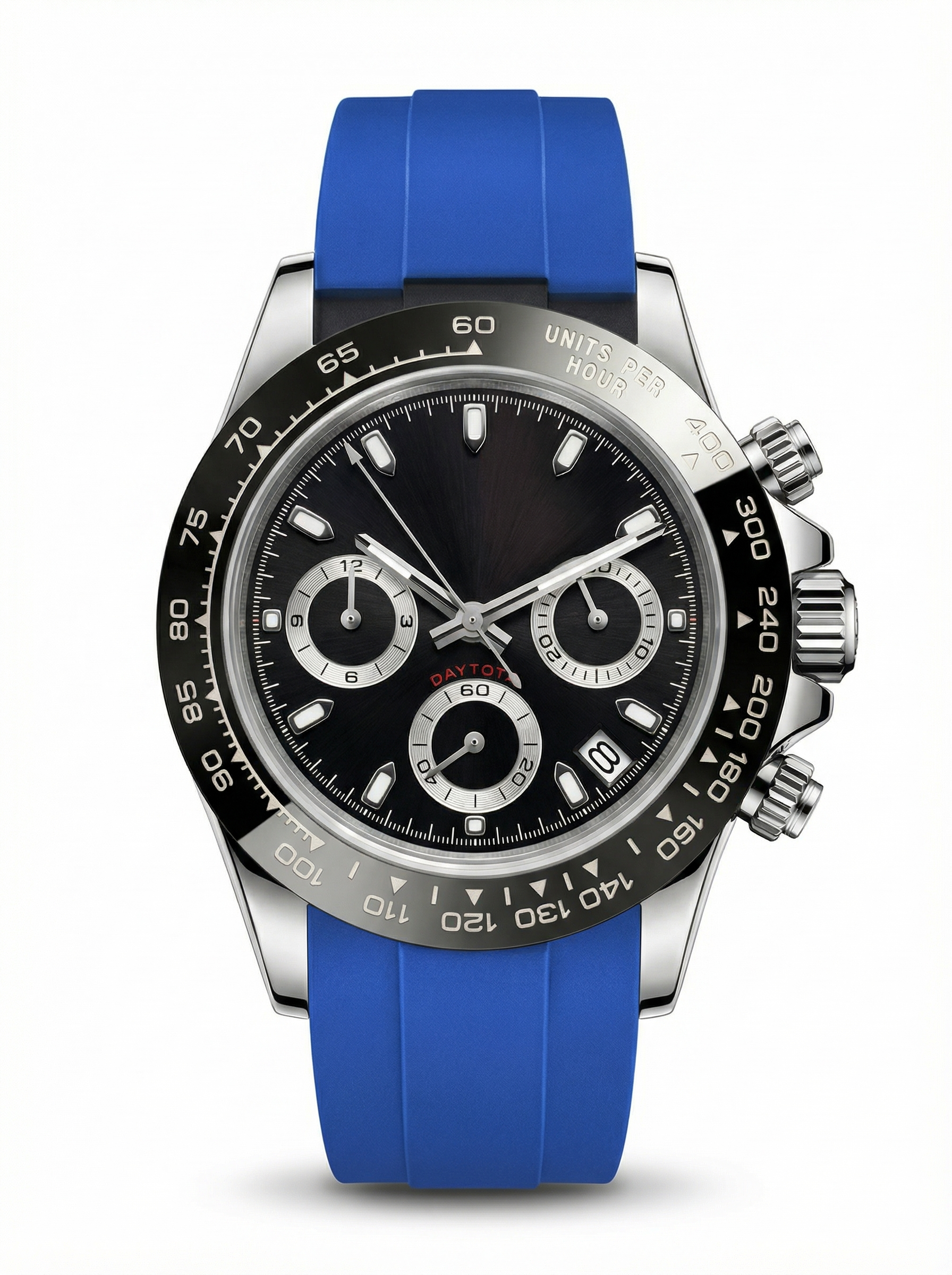 Tona Mod – Steel · Black Dial · Blue Rubber – 40mm – Chronograph