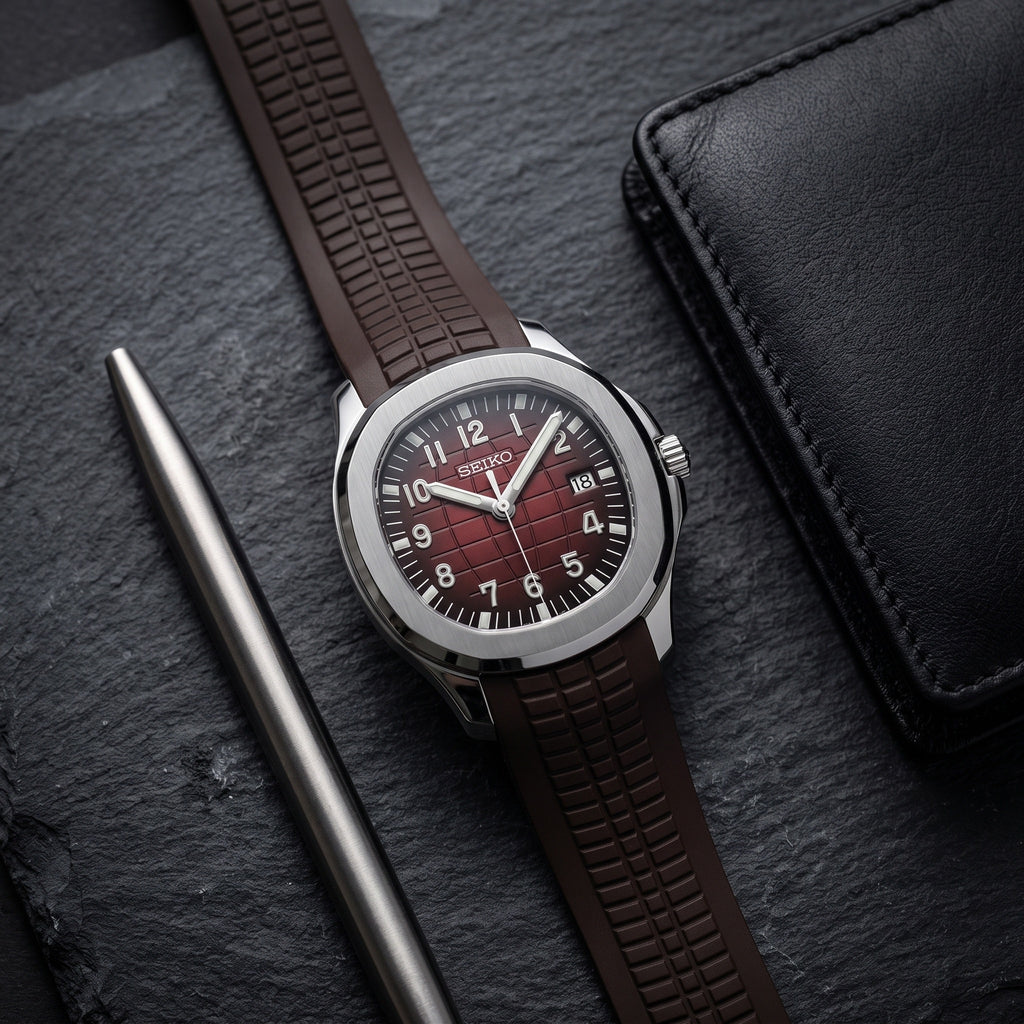 Aqua Mod – Burgundy Dial – 41mm – Automatic – lifestyle flat lay