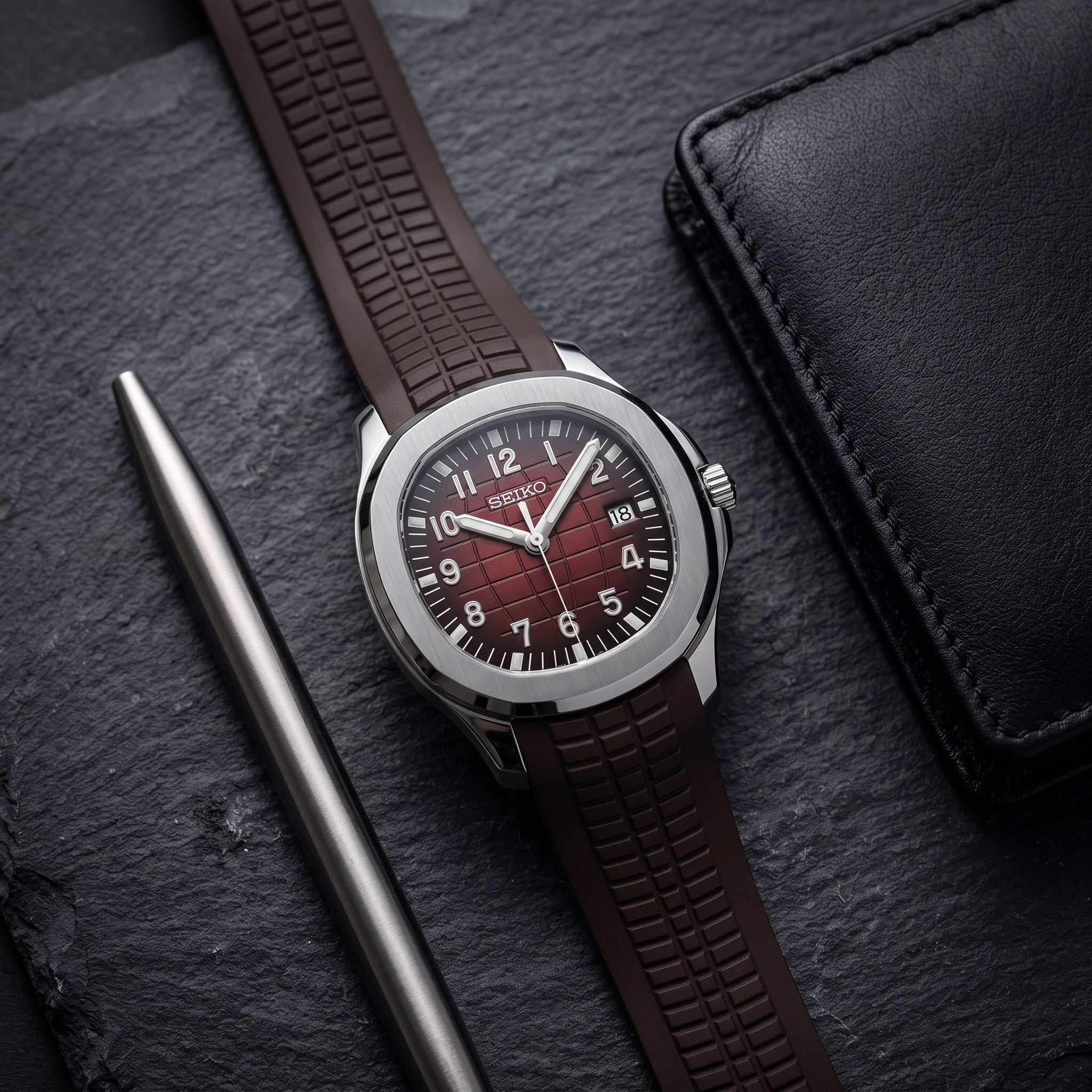 Aqua Mod – Burgundy Dial – 41mm – Automatic – lifestyle flat lay