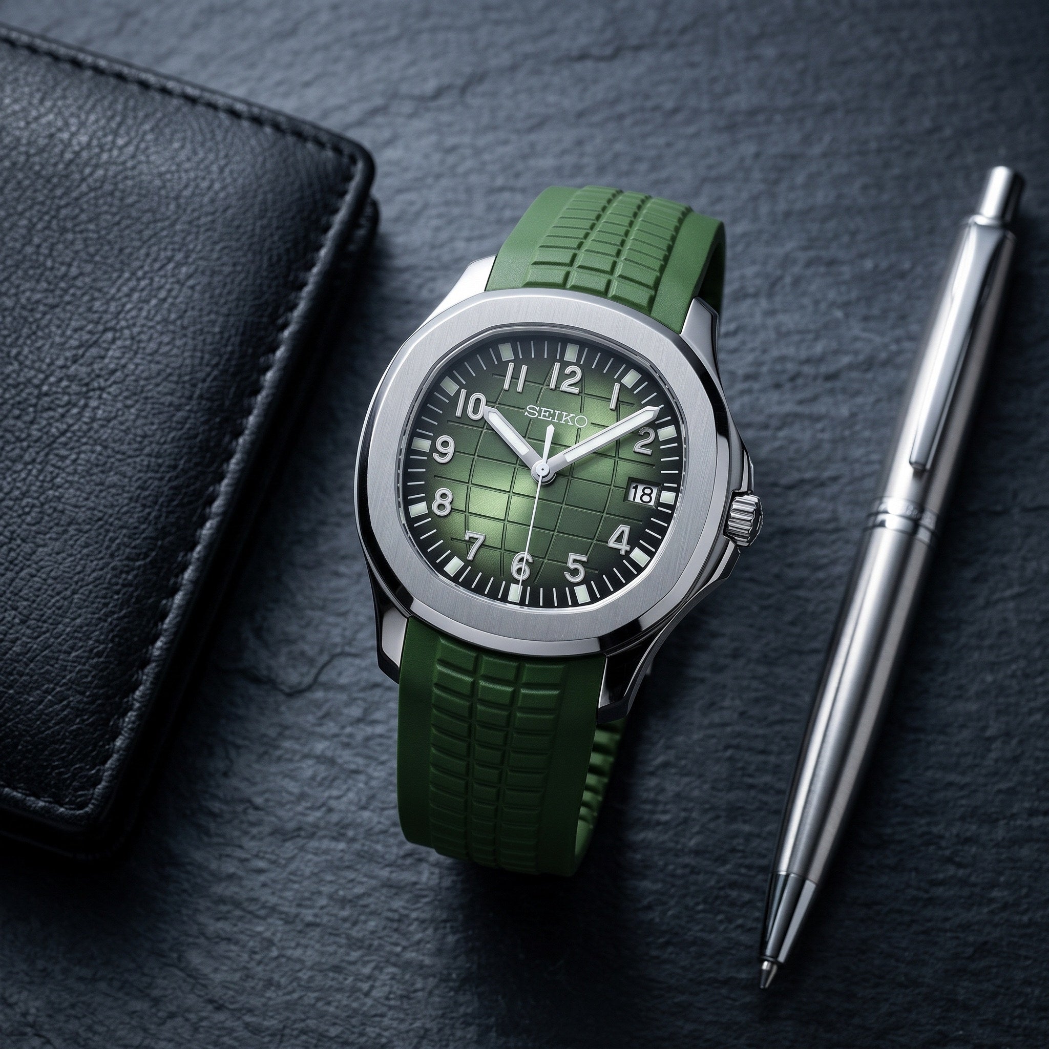 Aqua Mod – Green Dial – 41mm – Automatic – lifestyle flat lay