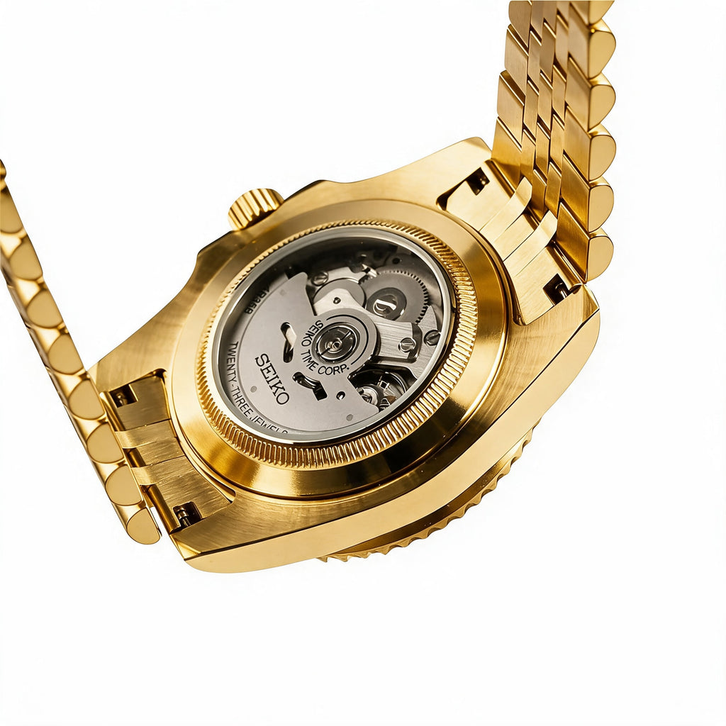 Exhibition case back with the Seiko NH35 automatic movement - yellow gold