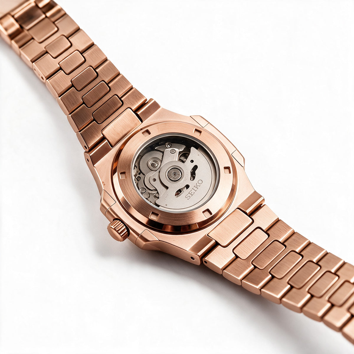 Exhibition case back with the Seiko NH35 automatic movement - rose gold