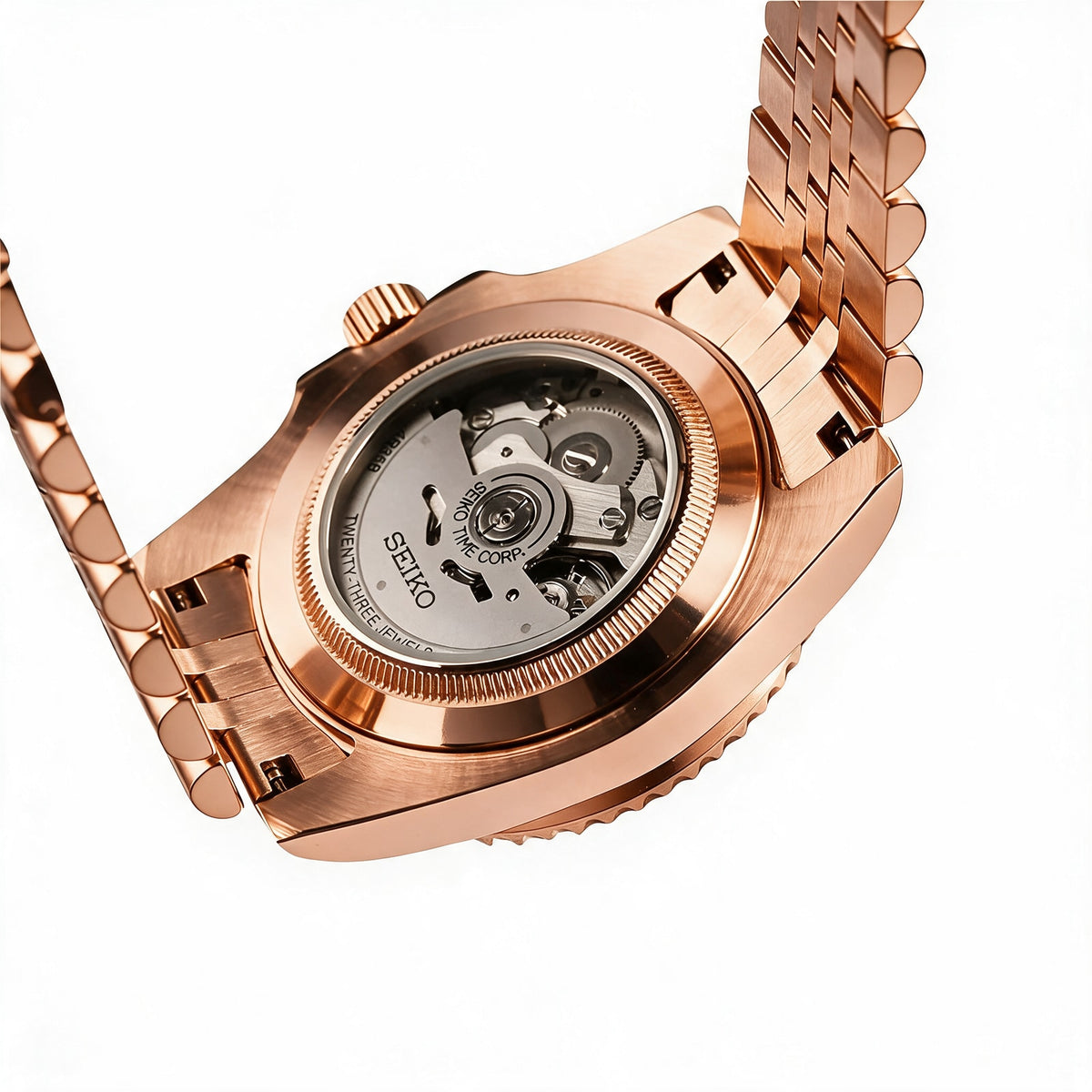 Exhibition case back with the Seiko NH35 automatic movement - rose gold
