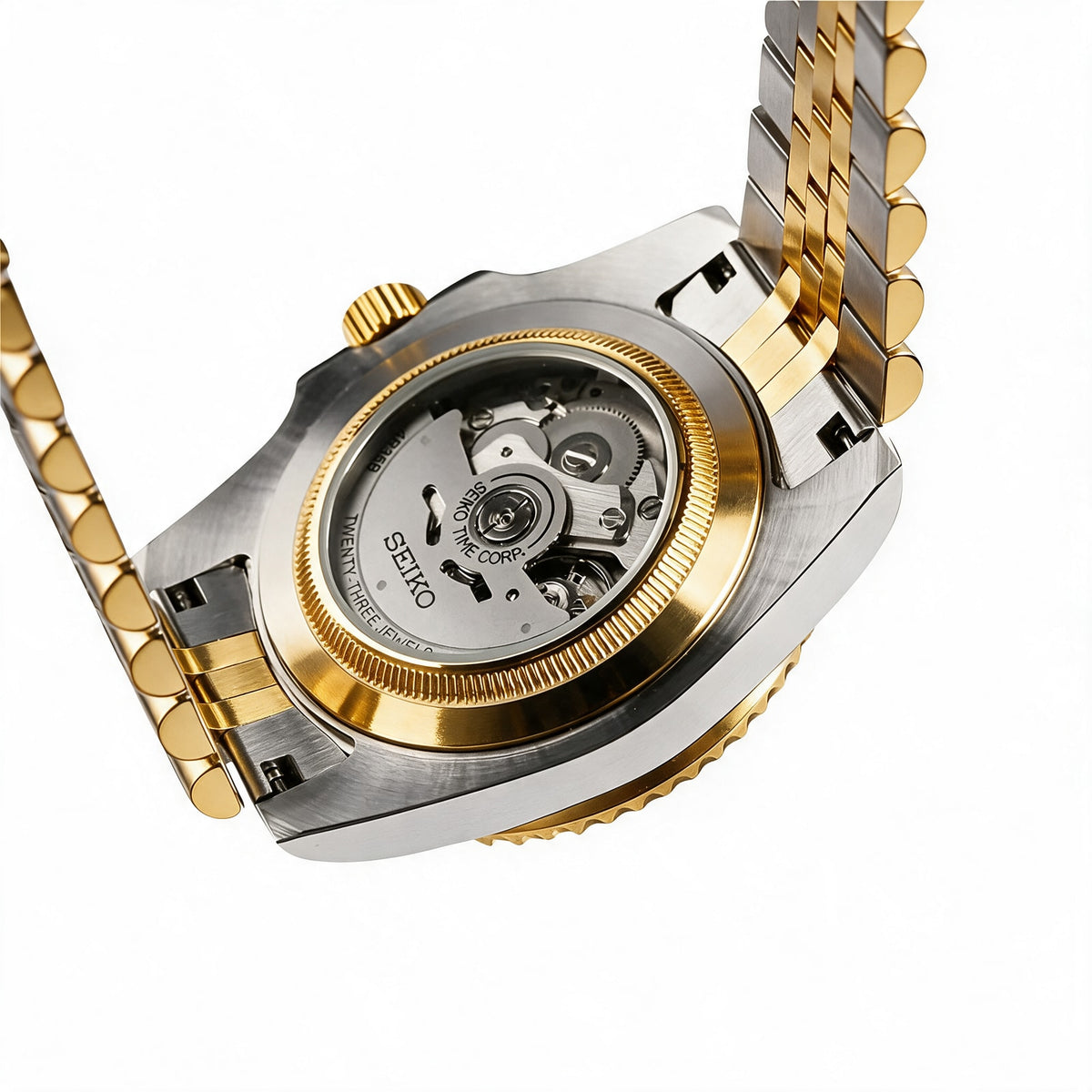 Exhibition case back with the Seiko NH35 automatic movement - two-tone steel and gold