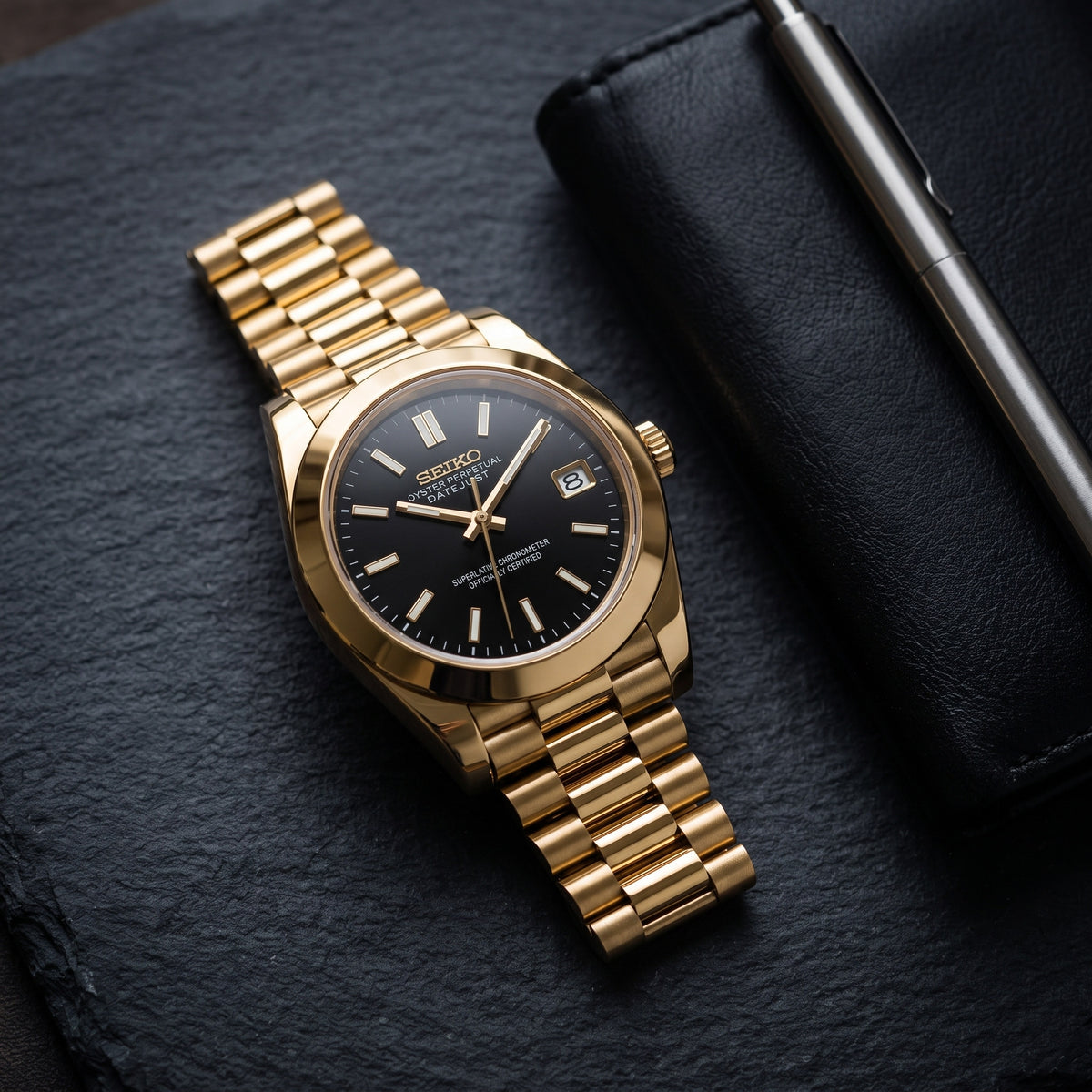 Date Mod – Gold · Grey Stick Dial – Automatic – lifestyle flat lay