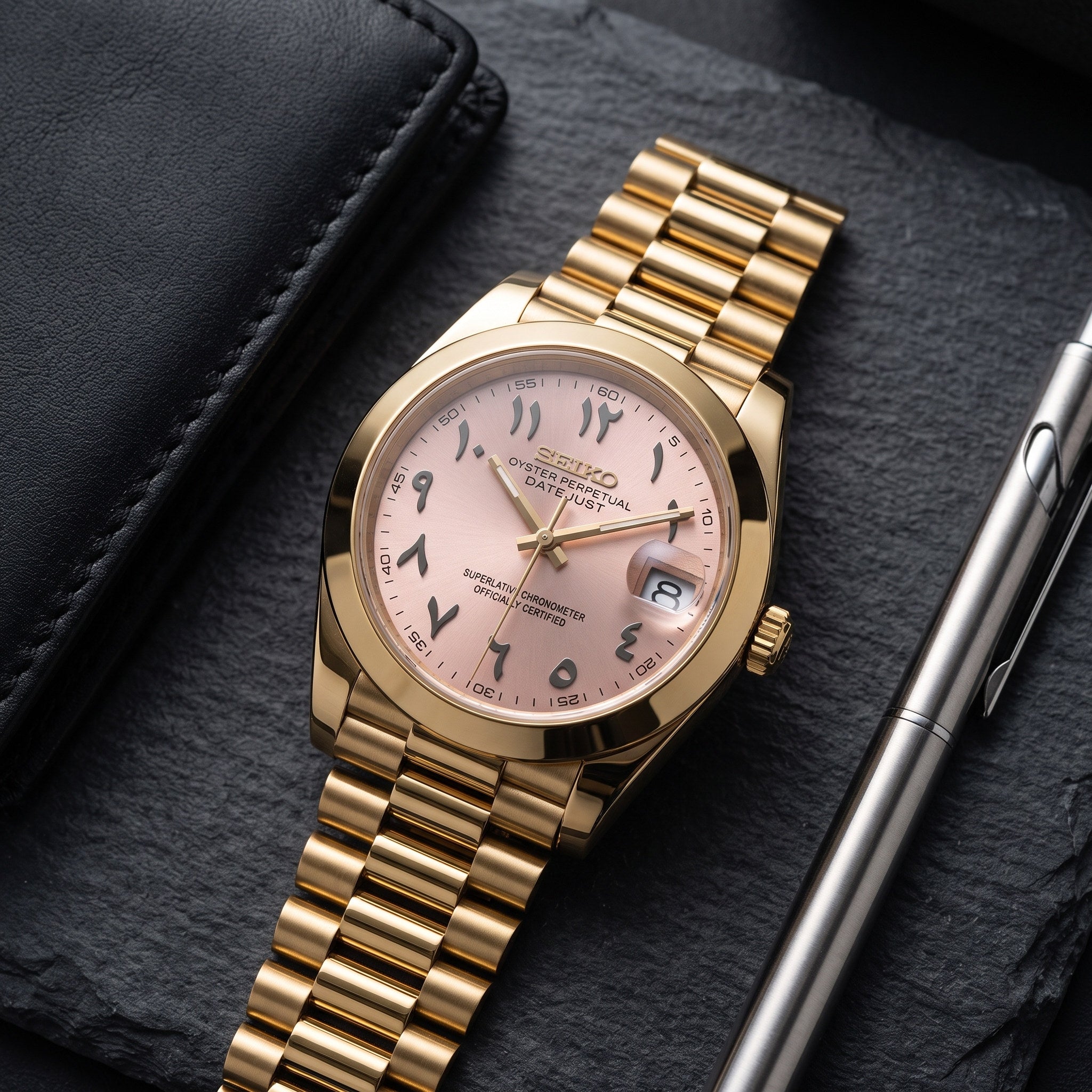 Date Mod – Gold · Pink Arabic Dial – Automatic – lifestyle flat lay
