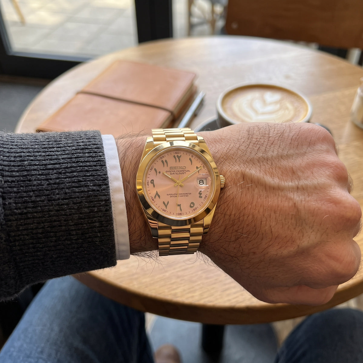 Date Mod – Gold · Pink Arabic Dial – Automatic – on-wrist view