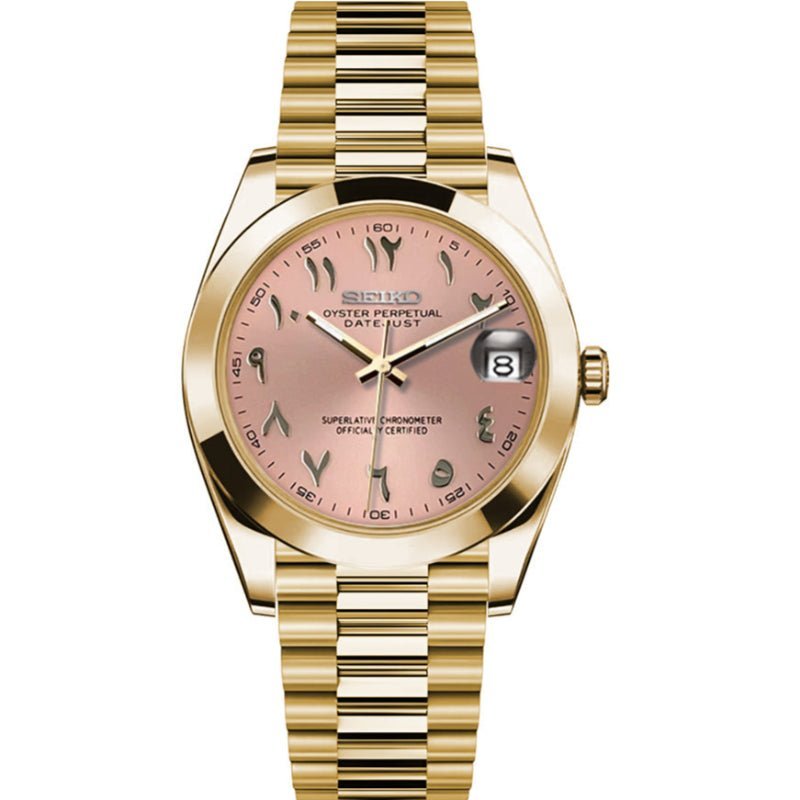 Date Mod – Gold · Pink Arabic Dial – Automatic — with Seiko logo