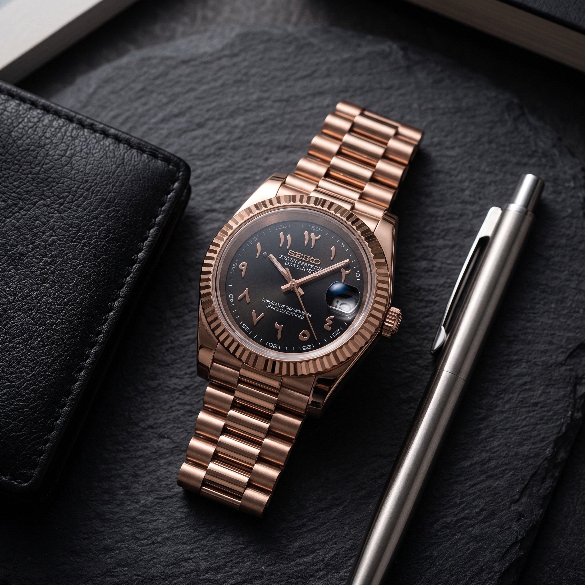Date Mod – Rose Gold · Black Arabic Dial – Automatic – lifestyle flat lay
