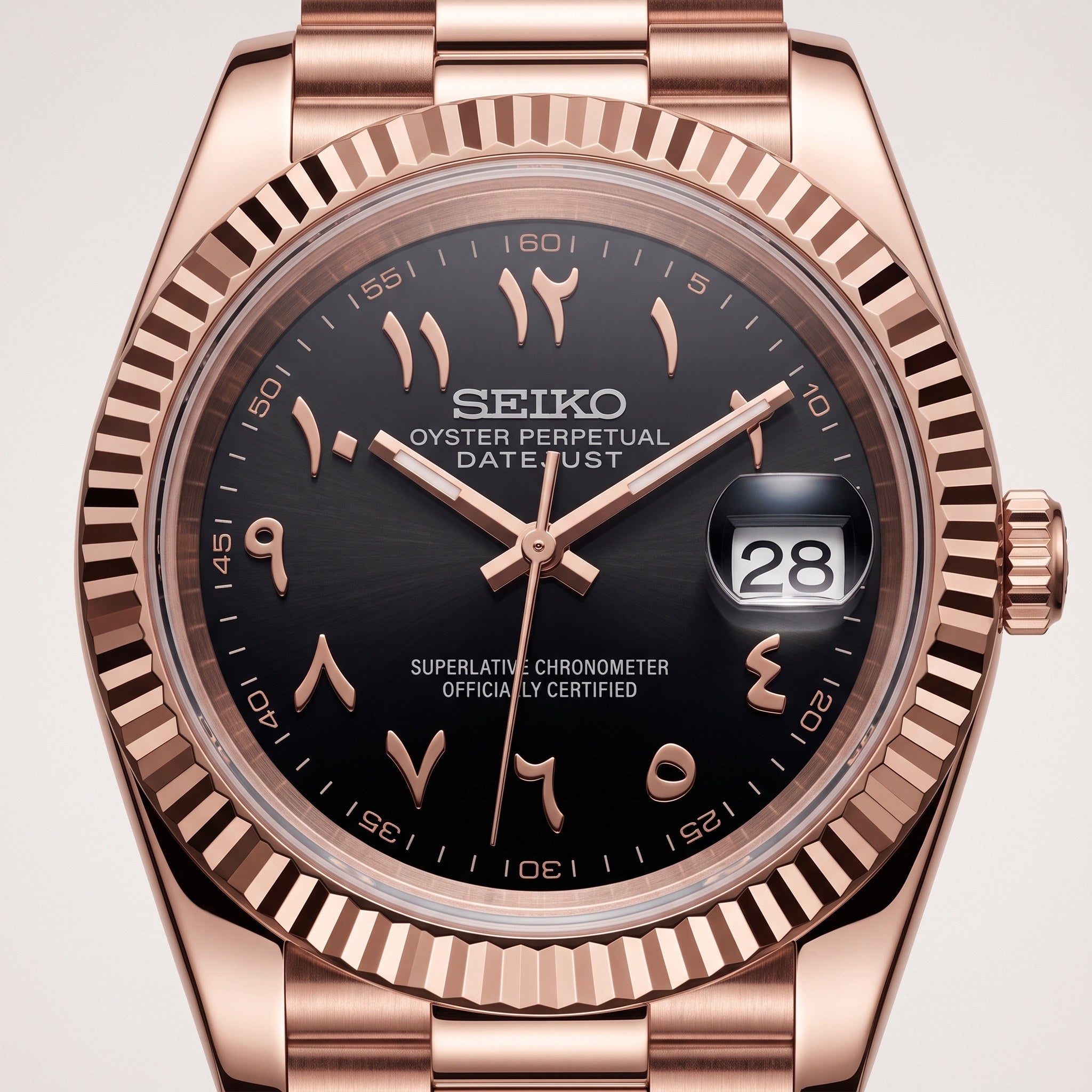 Date Mod – Rose Gold · Black Arabic Dial – Automatic – dial detail