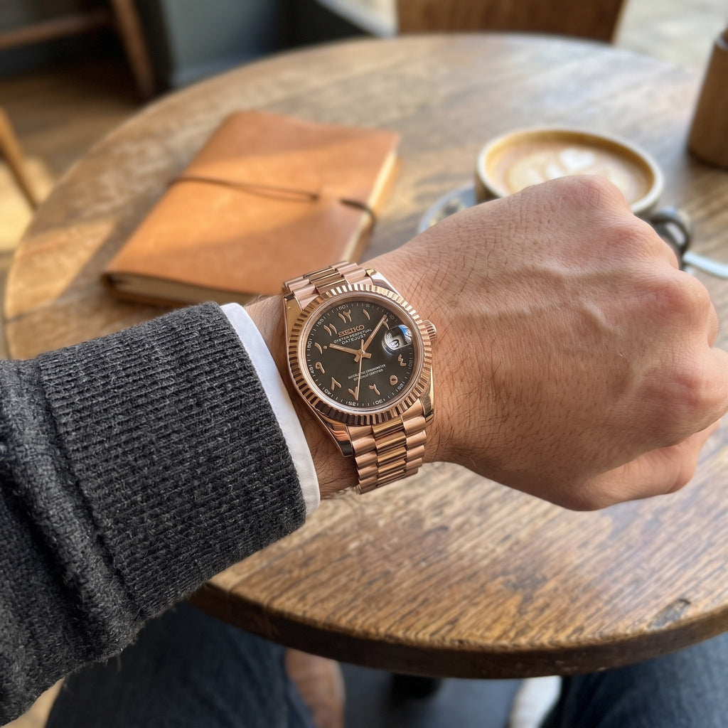 Date Mod – Rose Gold · Black Arabic Dial – Automatic – on-wrist view