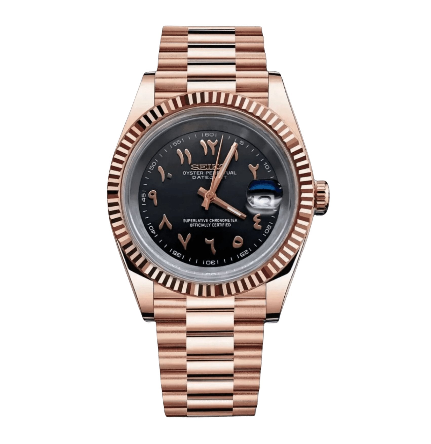 Date Mod – Rose Gold · Black Arabic Dial – Automatic — with Seiko logo