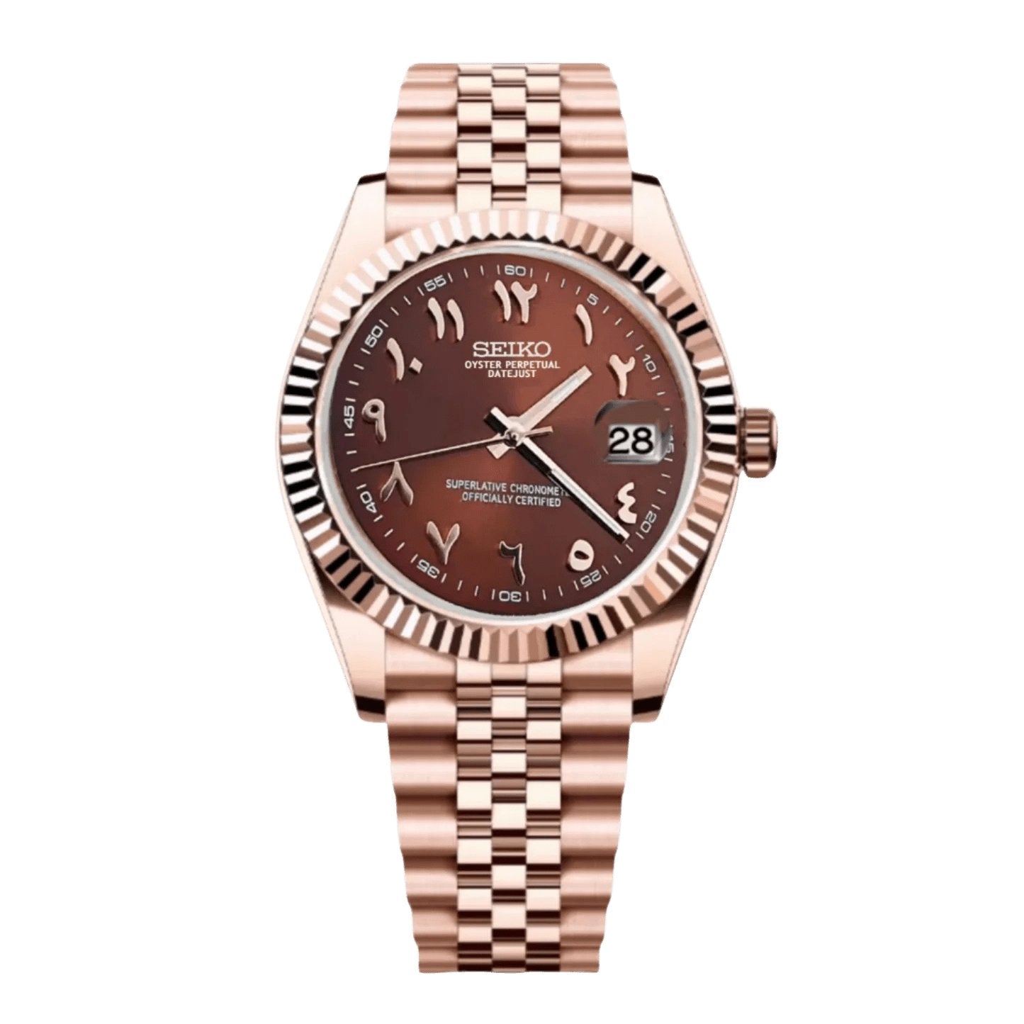 Date Mod – Rose Gold · Brown Arabic Dial – Automatic — with Seiko logo
