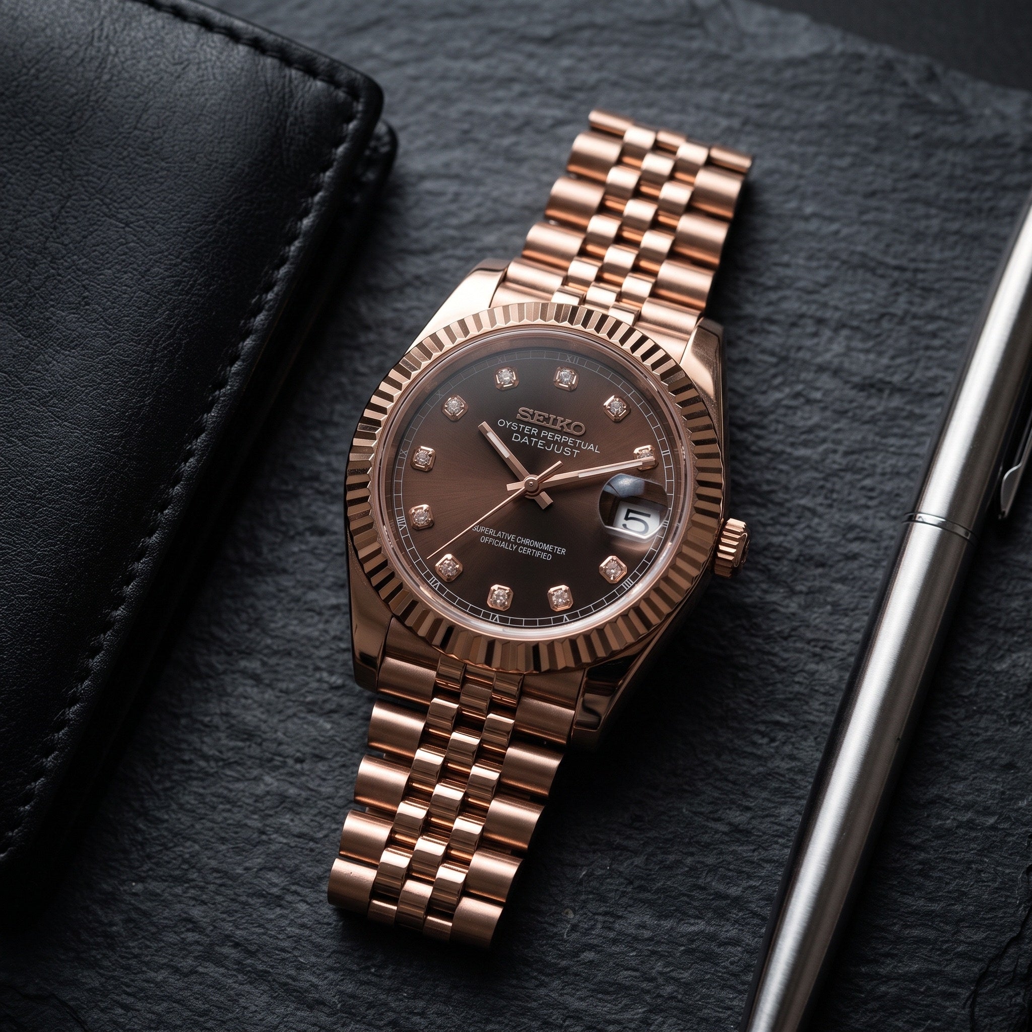 Date Mod – Rose Gold · Brown Diamond Dial – Automatic – lifestyle flat lay