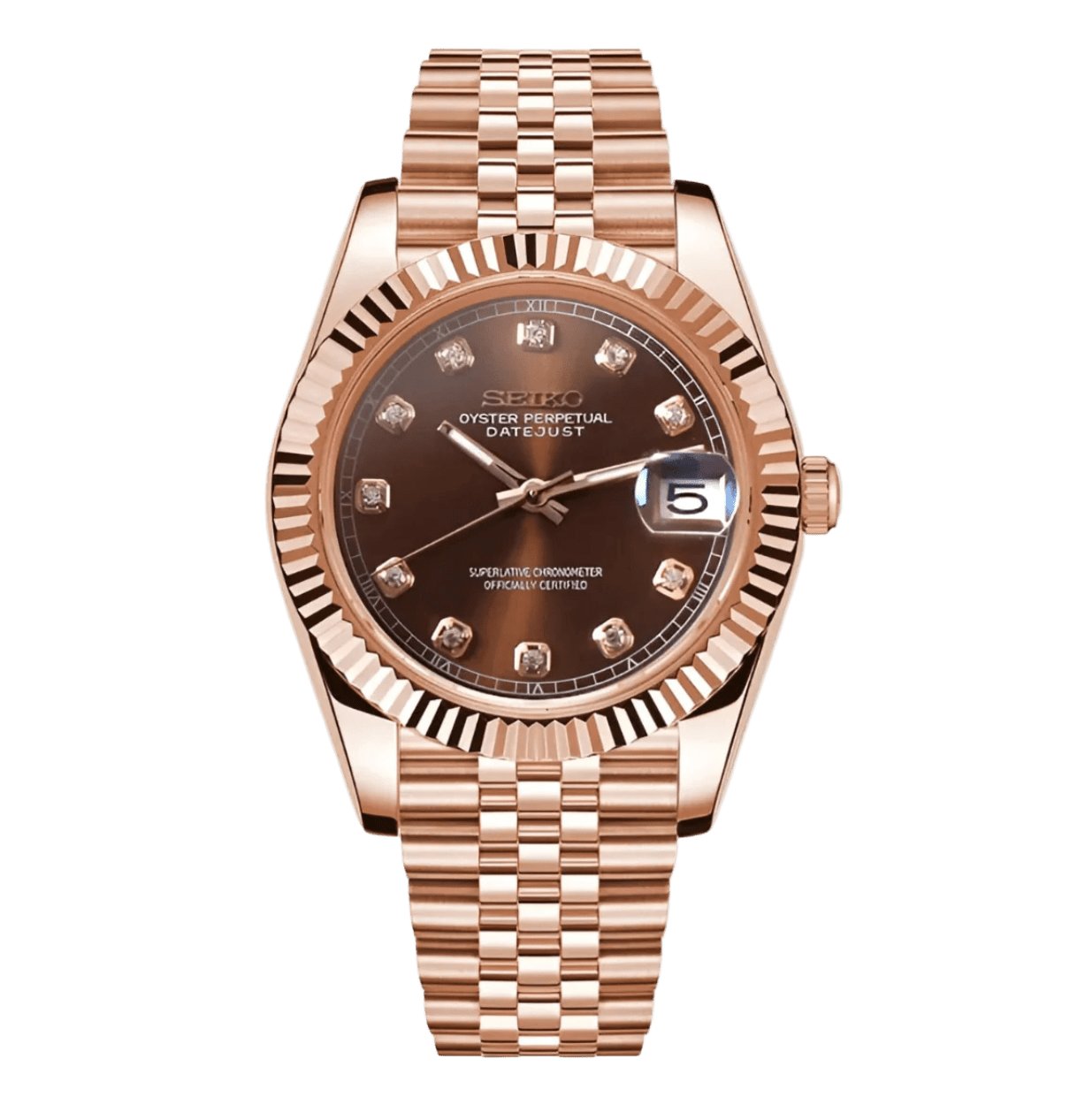 Date Mod – Rose Gold · Brown Diamond Dial – Automatic — with Seiko logo