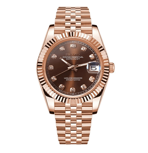 Date Mod – Rose Gold · Brown Diamond Dial – Automatic — with Seiko logo