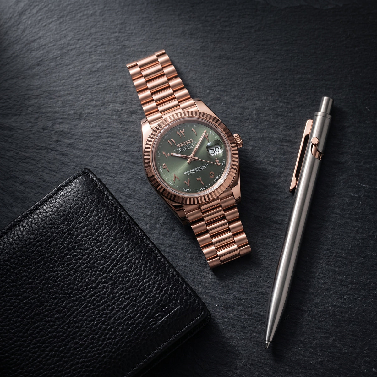 Date Mod – Rose Gold · Green Arabic Dial – Automatic – lifestyle flat lay