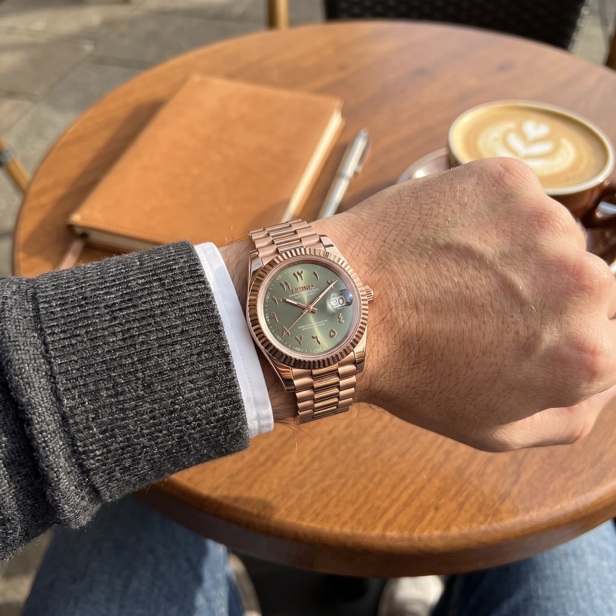 Date Mod – Rose Gold · Green Arabic Dial – Automatic – on-wrist view