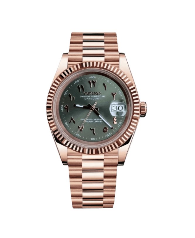 Date Mod – Rose Gold · Green Arabic Dial – Automatic — with Seiko logo