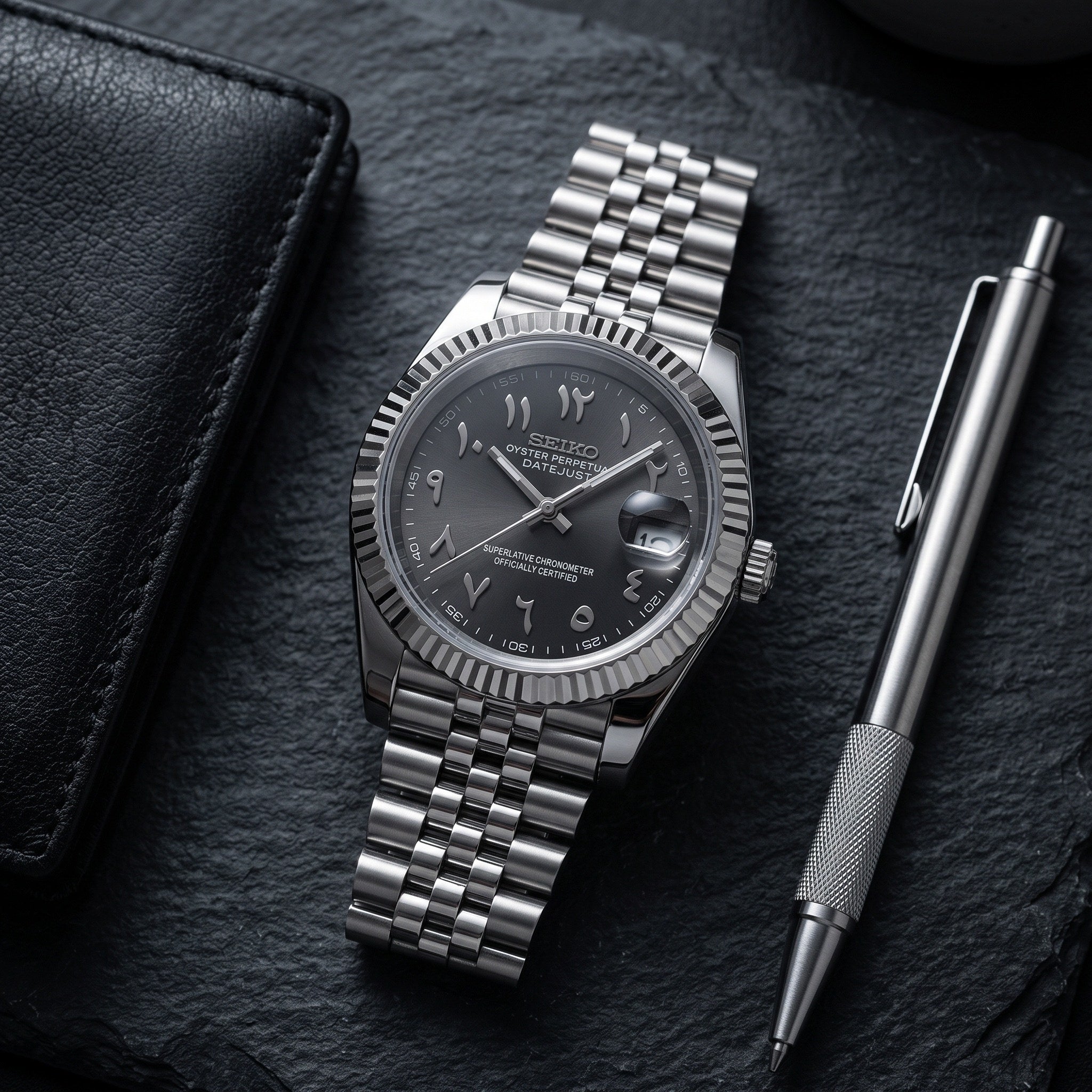 Date Mod – Steel · Black Arabic Dial – Automatic – lifestyle flat lay