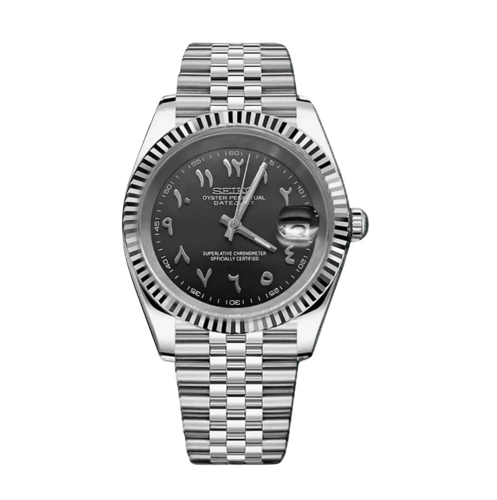 Date Mod – Steel · Black Arabic Dial – Automatic — with Seiko logo