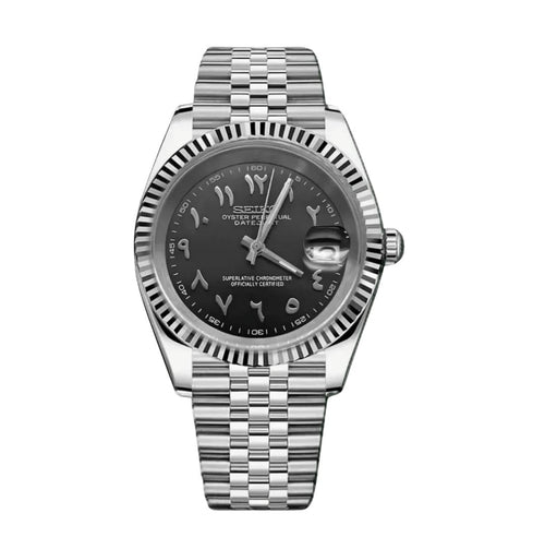 Date Mod – Steel · Black Arabic Dial – Automatic — with Seiko logo