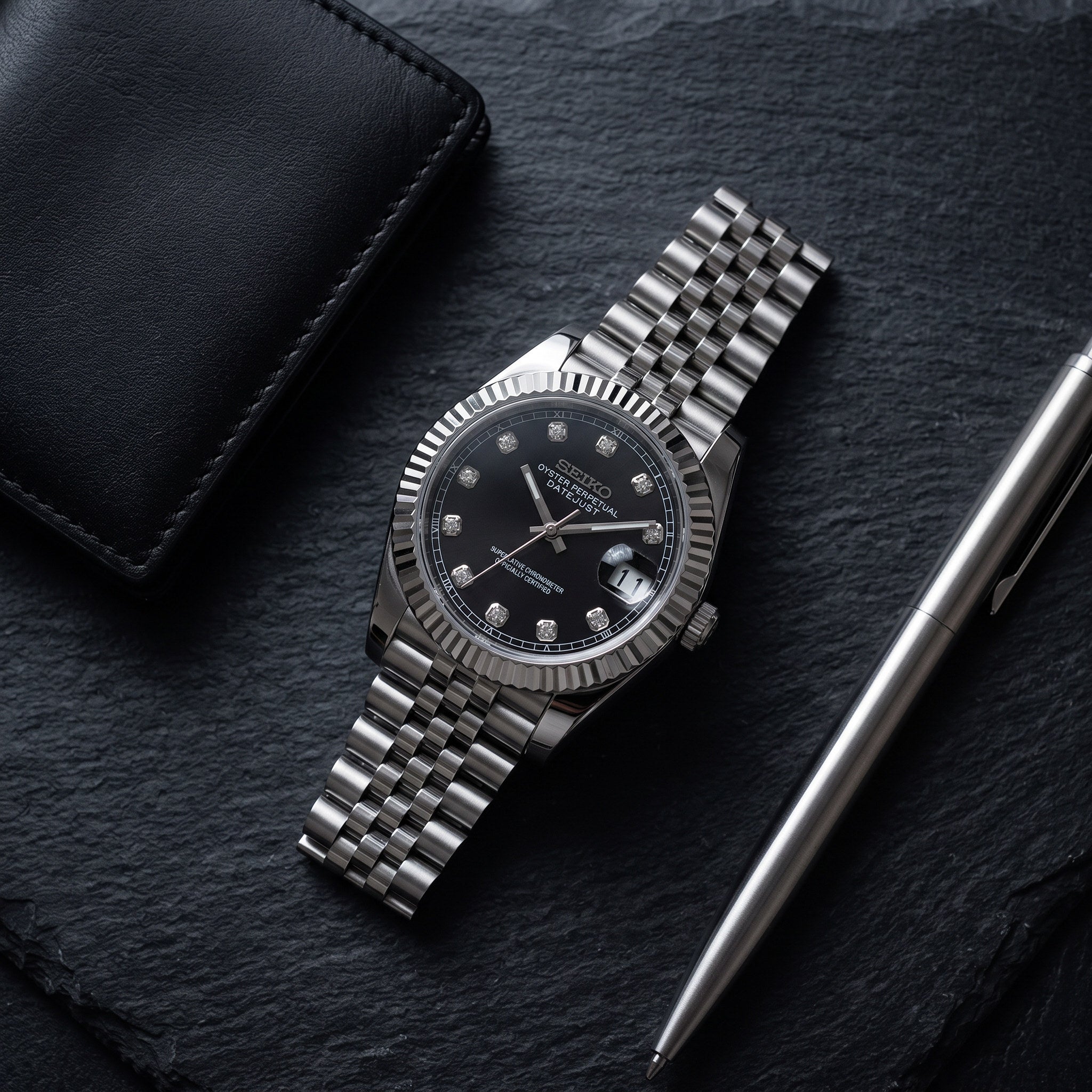 Date Mod – Steel · Black Diamond Dial – Automatic – lifestyle flat lay
