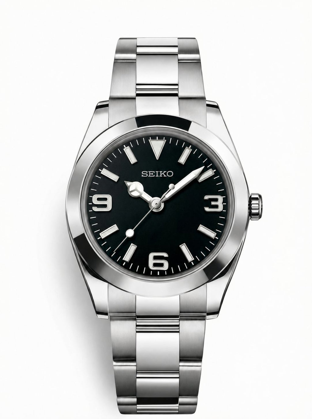 Date Mod – Steel · Black Explorer Dial – Automatic — with Seiko logo