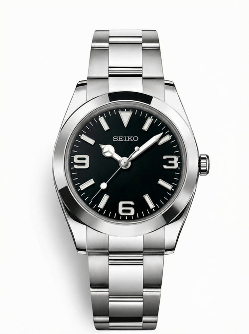 Date Mod – Steel · Black Explorer Dial – Automatic — with Seiko logo