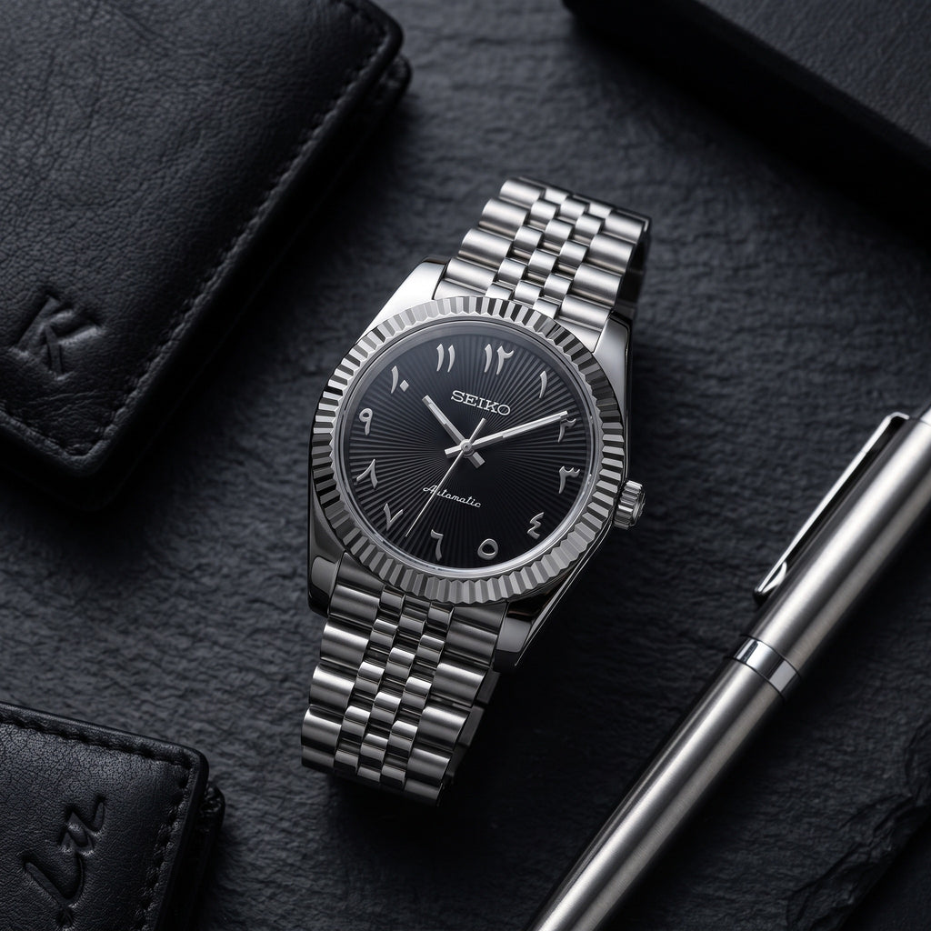 Date Mod – Steel · Black-Green Arabic Dial – Automatic – lifestyle flat lay