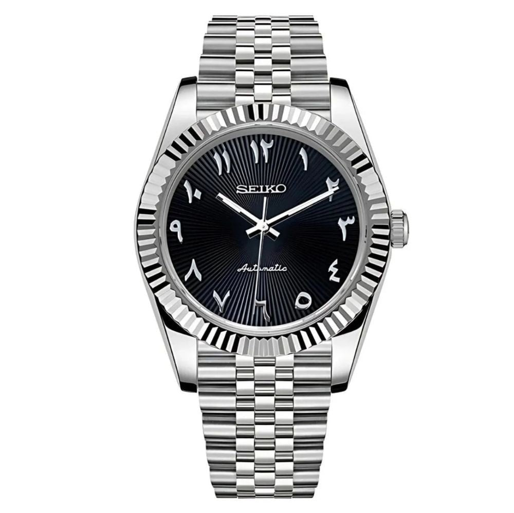 Date Mod – Steel · Black-Green Arabic Dial – Automatic — with Seiko logo