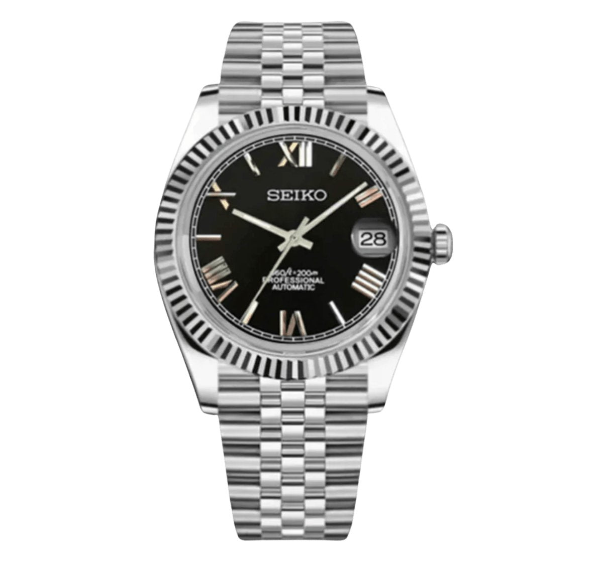 Date Mod – Steel · Black Green-Roman Dial – Automatic — with Seiko logo