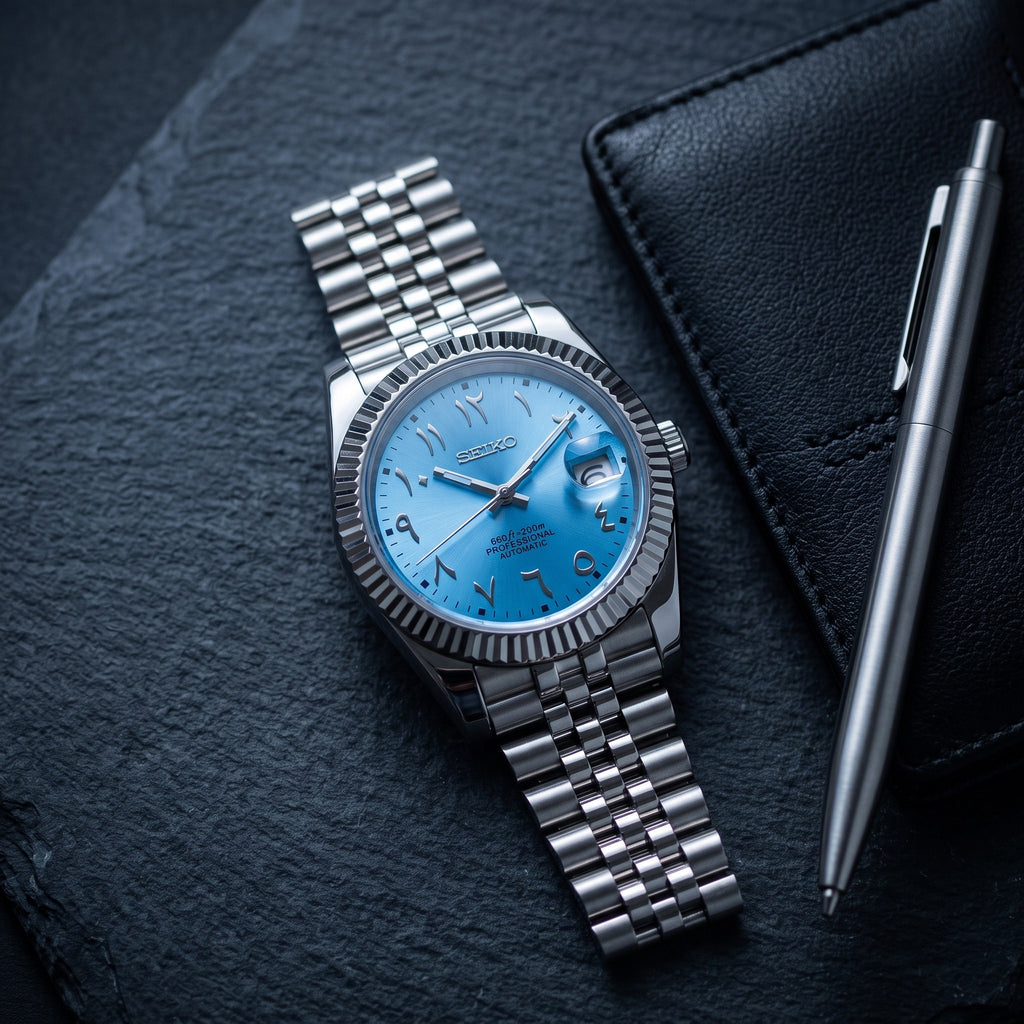 Date Mod – Steel · Blue Arabic Dial – Automatic – lifestyle flat lay