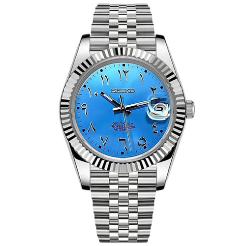 Date Mod – Steel · Blue Arabic Dial – Automatic — with Seiko logo